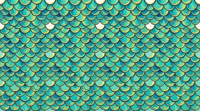 Seamless teal fish scale pattern with gold highlights