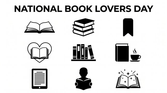Black silhouette icon set for National Book Lovers Day. Solid black vector pictograms featuring open book, stack of books, reading glasses, bookmark, heart with book, library shelf, book and coffee cu