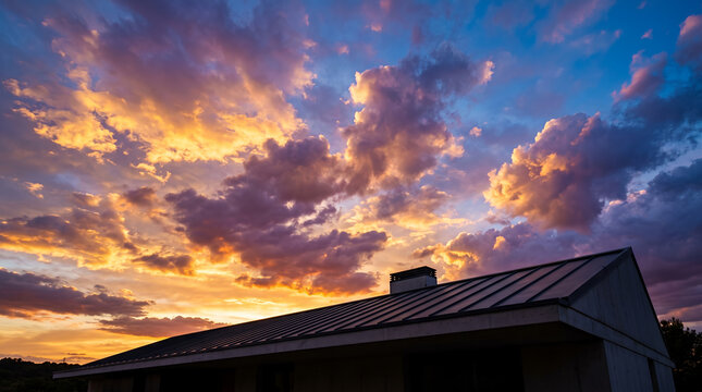 Standing seam metal roof of a modern house under a burning sunset sky