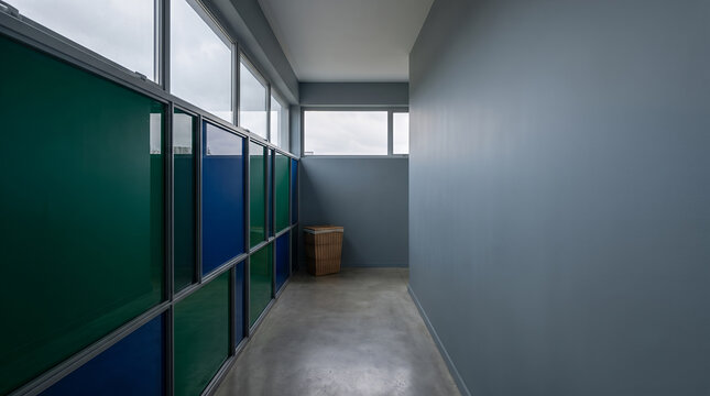 Green and blue glass panels lining a narrow grey utility corridor