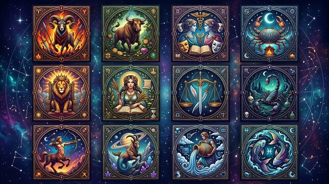 Twelve astrological zodiac signs in a mystical cosmic grid
