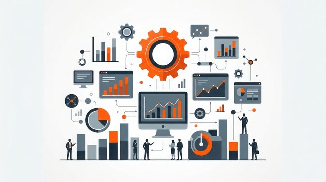 Business data analytics with charts and computer gear mechanism icon