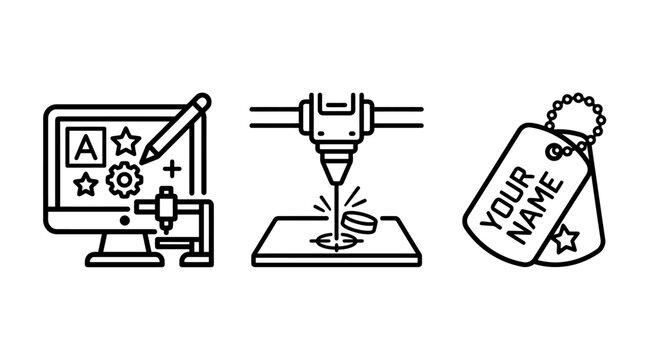 Custom design and personalized engraving manufacturing icons with engraving manufacturing personalization software computer industrial production identification engineering automation