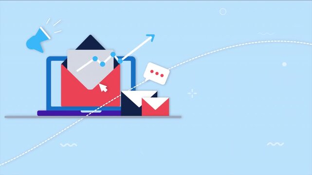 Animated email marketing concept with laptop and messages.