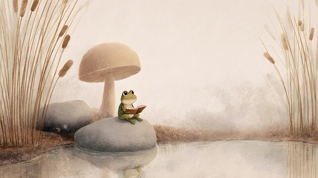 Cute frog reading a book under a mushroom beside a peaceful pond.