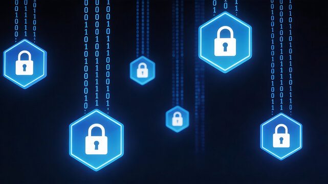 Digital security icons on binary code background