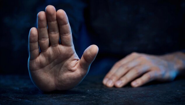 Raised hand in stop gesture with blurred hand behind, symbolizing assertiveness, boundary setting, refusal, self control, and personal power.