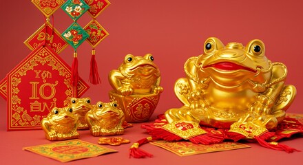 Naklejka premium 鮮やかな深紅の背景に金色の招財蛙が温かな光を反射し煌めく 富と繁栄を願う精巧な伝統装飾が祭りの華やかさを際立たせる. AI Generated