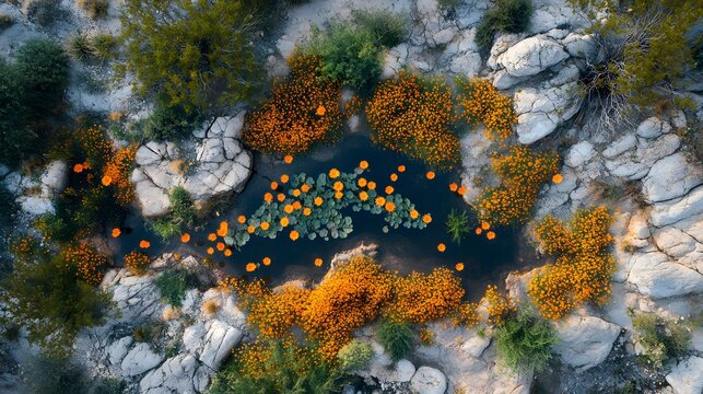 Aerial view of a desert landscape with vibrant orange wildflowers blooming around a dark pool after rare rain. Rocky terrain, natural colors, serene beauty, elegantly showcasing colorful.