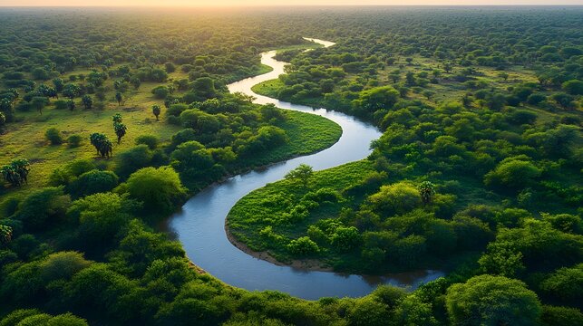 Aerial view of a winding river cutting through lush green desert landscape with scattered trees under golden sunset light, showcasing natural beauty and serene wilderness.
