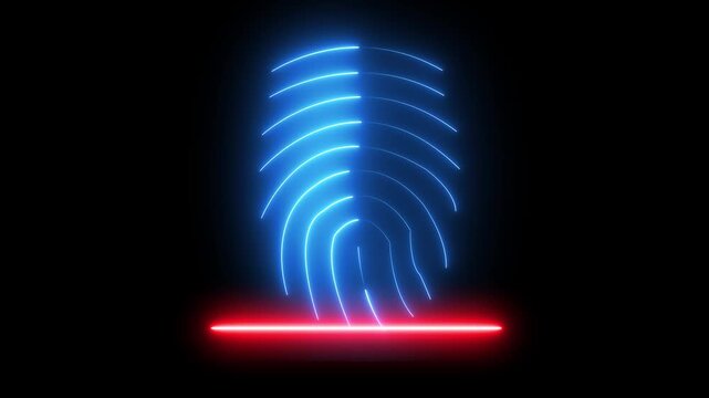 Glowing neon blue  fingerprint scanning animation. fingerprint scanning neon sign video, fingerprint lock secure security , biometric icon set on black background. 4k vide