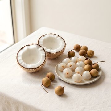 Fresh coconut halves, peeled lychees, and longan fruits arranged on a soft cream monochromatic background, realistic food photography, elegant composition, premium studio lighting, isolated fruits