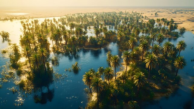 Aerial view of a serene desert oasis with lush palm trees and reflective water under golden sunlight. Natural landscape, tranquil environment, untouched wilderness, scenic beauty.