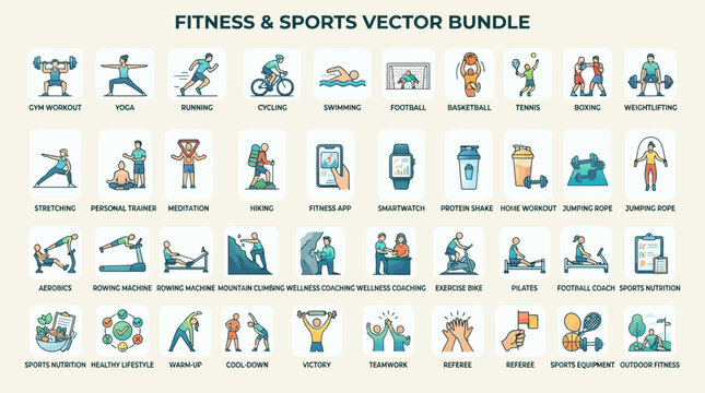 Fitness training and athletic sports activities icon bundle