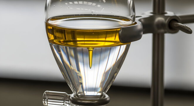 Precise laboratory separation of liquids using a separatory funnel, showing clear immiscible layers and a drop forming.