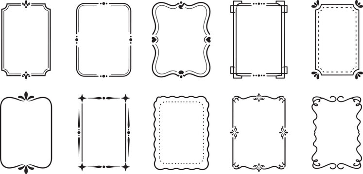 Elegant vintage decorative border frame collection with ornamental line art, classic rectangle outlines and floral corner frames for invitations, certificates, labels and vector design