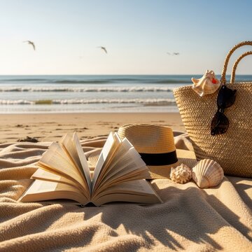 Beach scene with open book hat bag sunglasses and seashells at the shore