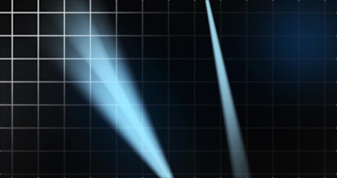Futuristic grid technology background with volumetric spotlight beams moving. Digital interface with high soft beams of lights for sass product, advertisement and digital interfaces. Stage light flare