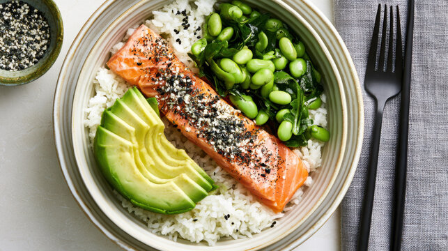 everything bagel salmon bowl with furikake seasoning