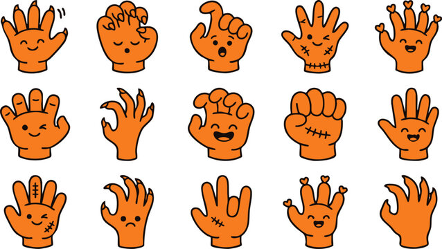 Set of cartoon monster hands with various gestures for halloween party decorations and spooky graphic design projects