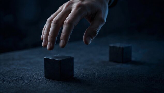 Hand reaching toward a small cube on a dark surface, visualizing procrastination, hesitation, and delay before action.