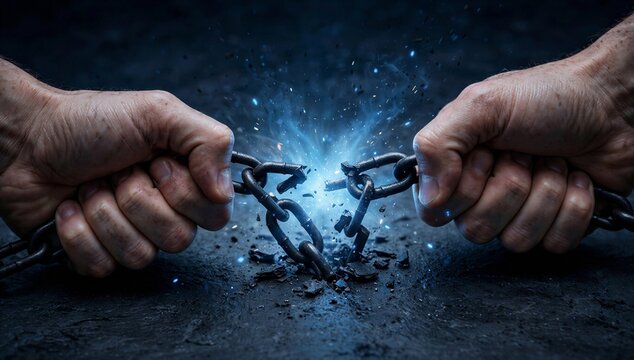 Two hands break a chain, symbolizing self empowerment, freedom, and strength over obstacle.