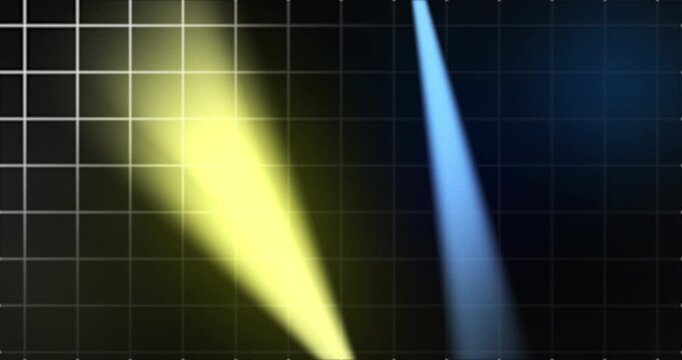 Futuristic grid technology background with volumetric spotlight beams moving. Digital interface with high soft beams of lights for sass product, advertisement and digital interfaces. Stage light flare