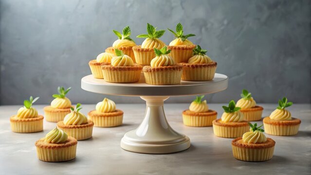 A delicate mini cheese tartlet perched atop a towering cake pedestal surrounded by an ovoid sea of identical tartlets