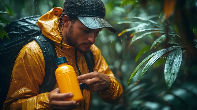 Explorer applying insect repellent before jungle trek with determination wearing waterproof gear under misty rainforest canopy. Adventure, outdoor survival, nature exploration, travel preparedness.