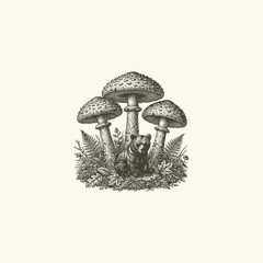 Vintage Bear Cub and Giant Mushrooms Engraving Illustration © Agatha