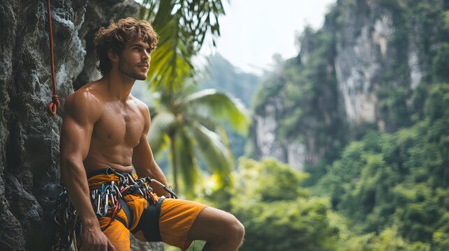 A muscular explorer prepares climbing gear beside a rocky jungle cliff, surrounded by lush greenery and towering cliffs. Adventure, outdoor sports, travel photography, elegantly showcasing climber.