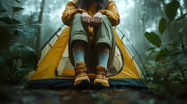 Explorer sits inside tent putting on socks amidst jungle fog, adventure travel gear, outdoor camping experience, nature exploration, wilderness trekking, forest camping scene with misty atmosphere.