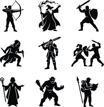 Black silhouettes of fantasy RPG character classes and monsters