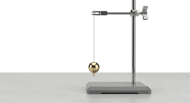 Sleek golden pendulum swings on a scientific stand, demonstrating physics principles in a clean, modern lab setting.
