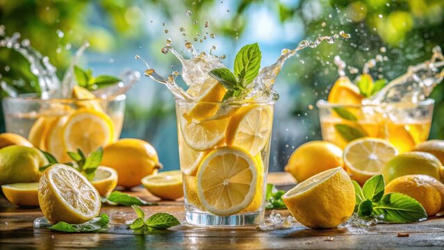Juicy slices of fresh lemon splashing in water create vibrant citrus hues amidst a chilled glass filled with refreshing summer recipes