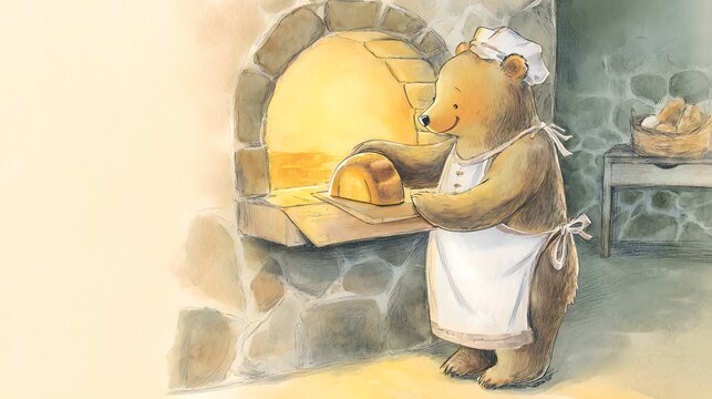 Cute bear baker taking freshly baked bread from a warm stone oven.