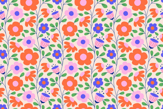 Seamless pattern with abstract colorful flowers on bright background