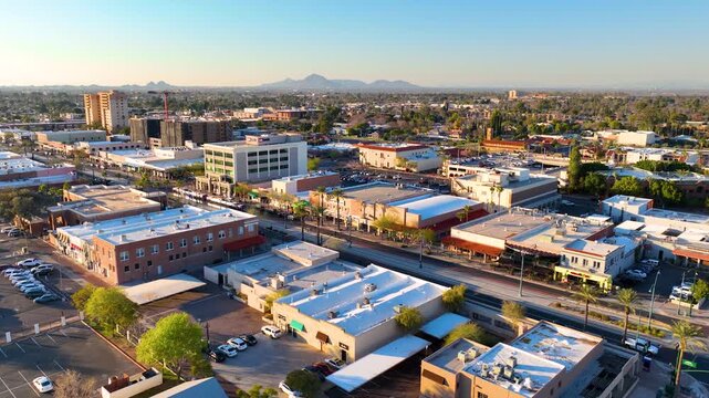 Mesa city center aerial view on Center Street at Main Street at sunset, Mesa, Arizona AZ, USA. 