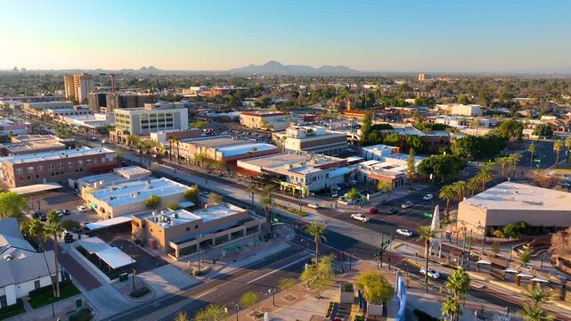 Mesa city center aerial view on Center Street at Main Street at sunset, Mesa, Arizona AZ, USA. 