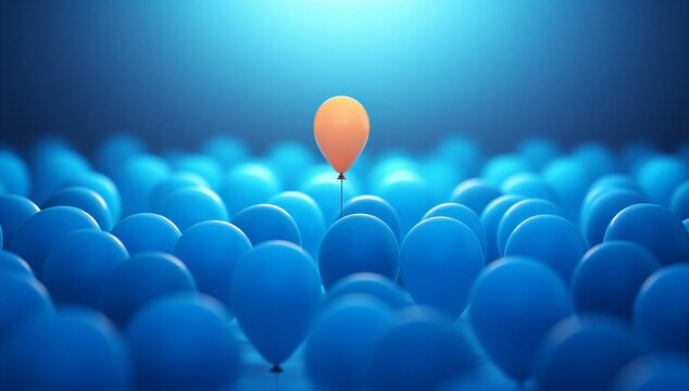 One orange balloon rising above a blue balloon field symbolizes uniqueness, individuality, standing out, and talent.