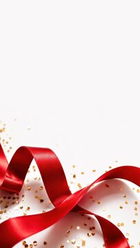 Red ribbon and gold confetti on white background