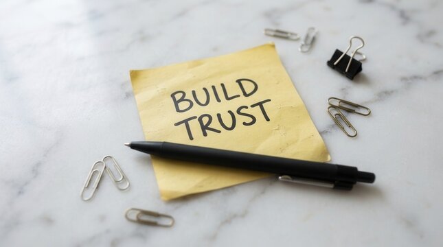 Yellow sticky note with 'BUILD TRUST' in black Build trust business relationship concept