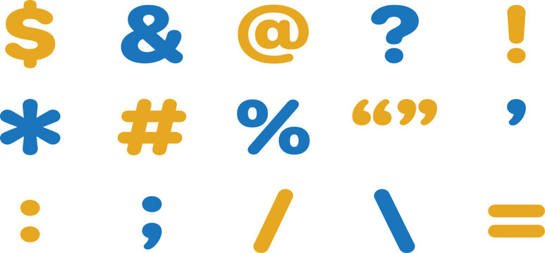 Collection of colorful cartoon style punctuation marks and mathematical symbols on a white background