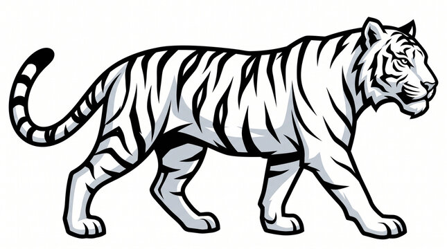 Vector illustration of a majestic white tiger walking&mdash;featuring clean black outline graphics and subtle gray shading, depicting a side profile full-body Bengal tiger isolated on a plain white backgrou