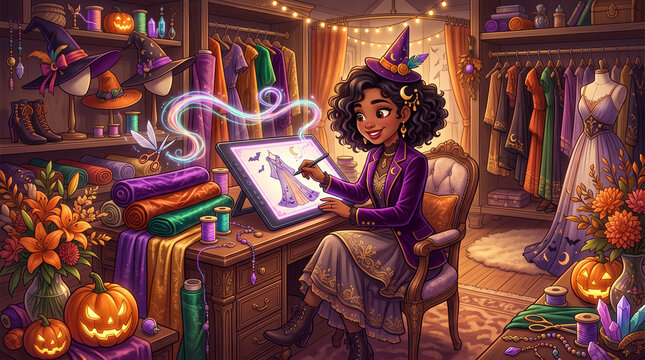 Whimsical vector illustration of a young female designer creating Halloween fashion&mdash;featuring a stylish girl with curly hair wearing a mini witch hat drawing on a digital tablet at her desk, surrounde