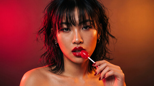 Close-up portrait stock photograph of an attractive young Asian woman with a shag haircut holding a red round lollipop near her lips&mdash;featuring glossy dark red lipstick, dark red manicured nails, messy