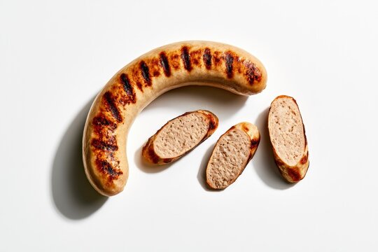 Grilled sausage and slices with char marks on white background in a sharp focus overhead shot for restaurant menu and food industry marketing