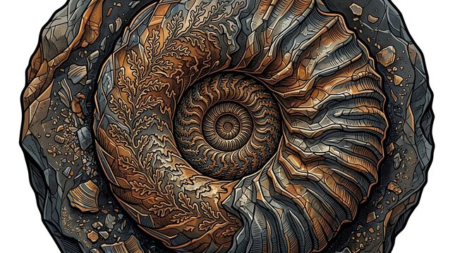 Intricate ammonite fossil spiral in rocky earth tones