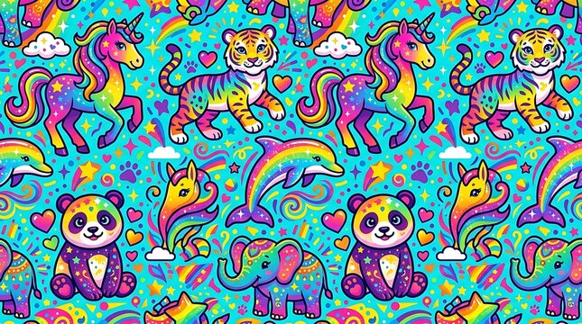 Rainbow animal seamless pattern with cute unicorns and tigers