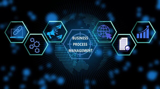 Business process management digital interface concept featuring animated hexagonal for corporate workflow optimization, strategy planning, data analysis, and global enterprise automation